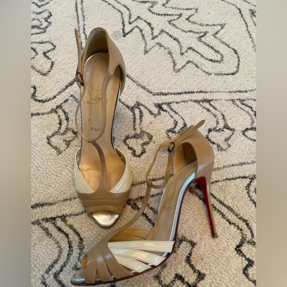 Christian Louboutin Tan and Cream Strappy Heels - Picture 9 of 11